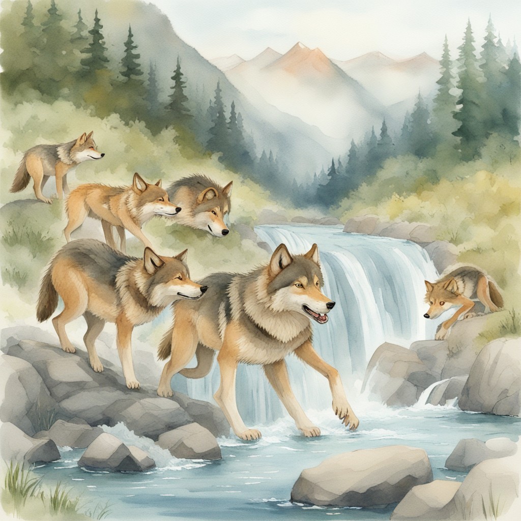 Wolves working together to catch fish