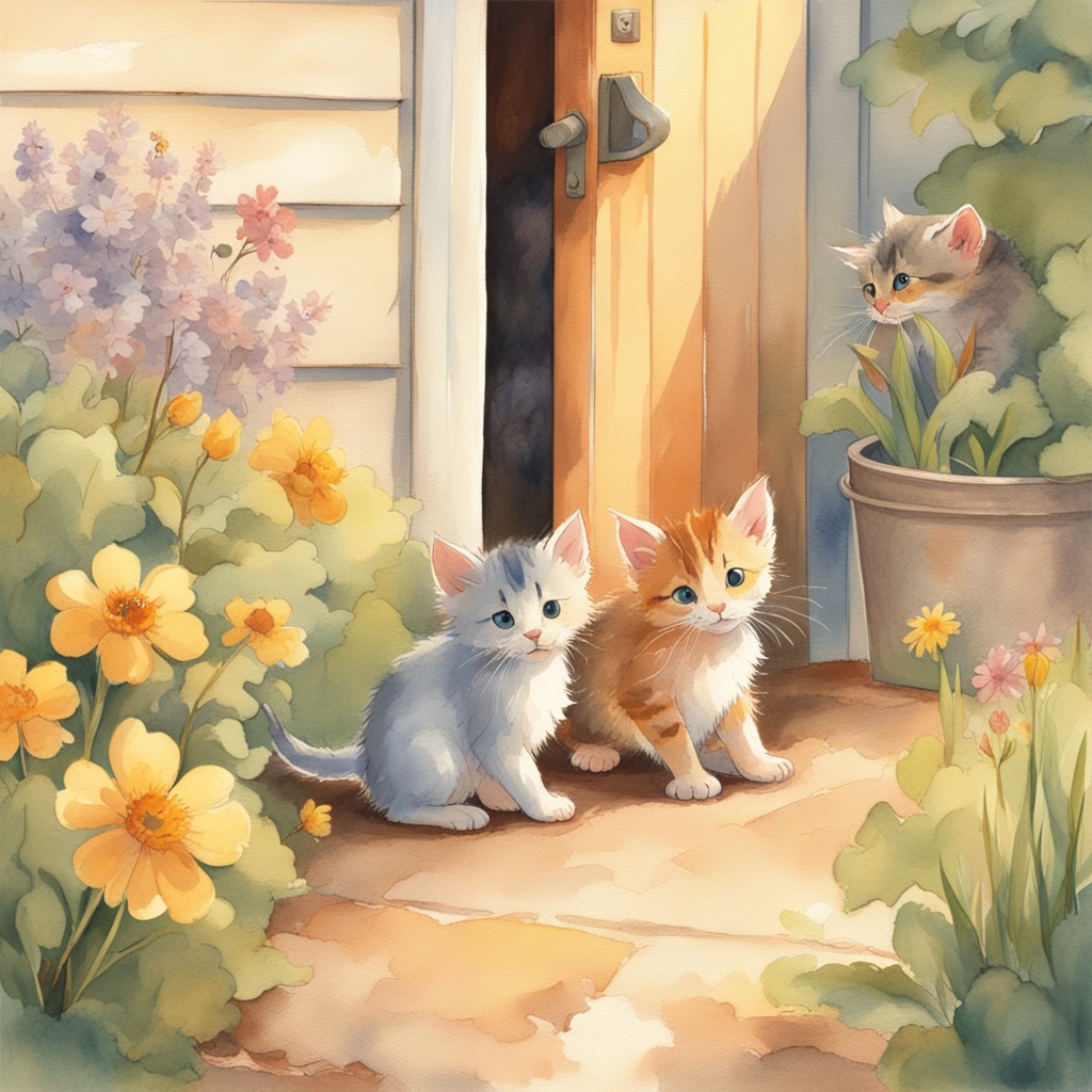 Whisk and Patch guiding the mouse back to his family in the garden shed