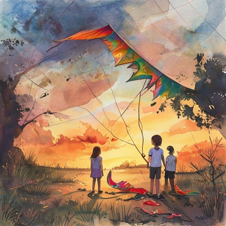 The broken kite on the ground