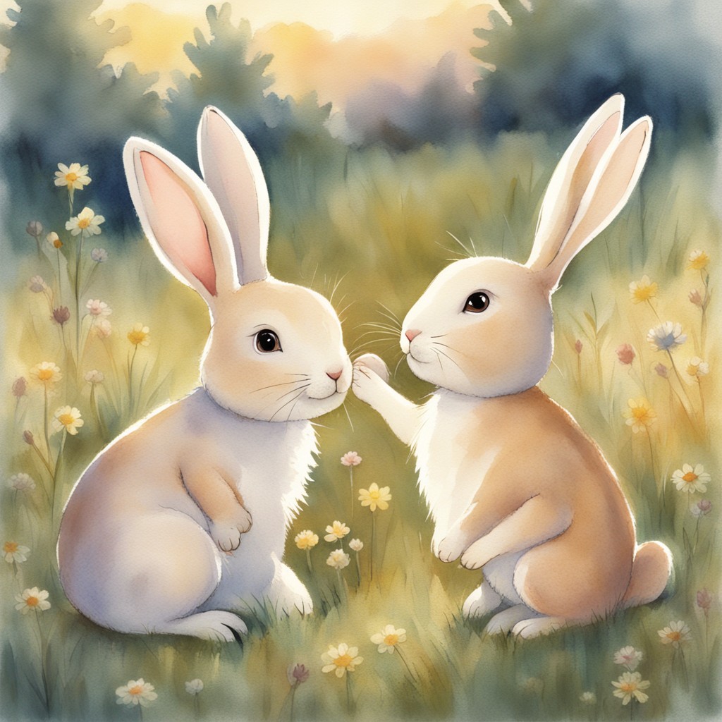 Two rabbits practicing hops together in a cozy meadow