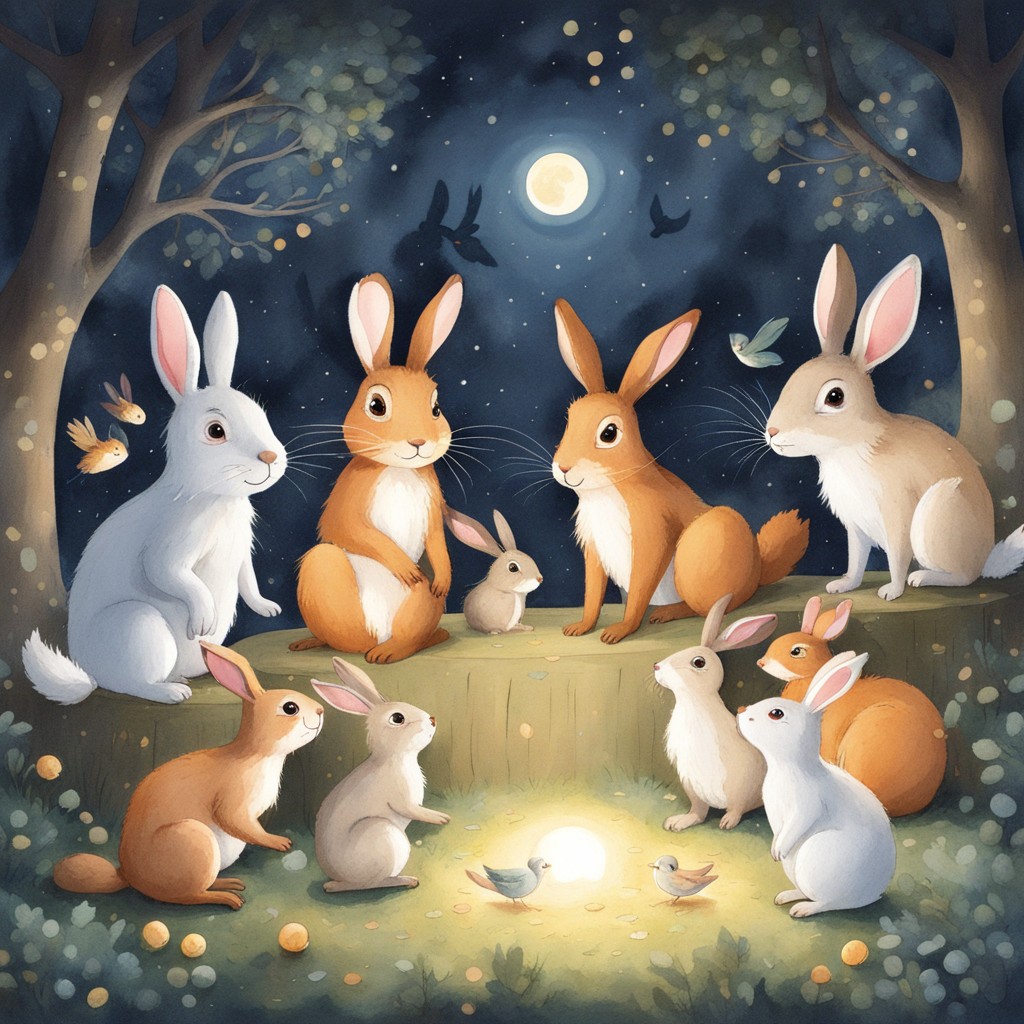 Forest animals celebrating together on a moonlit stage