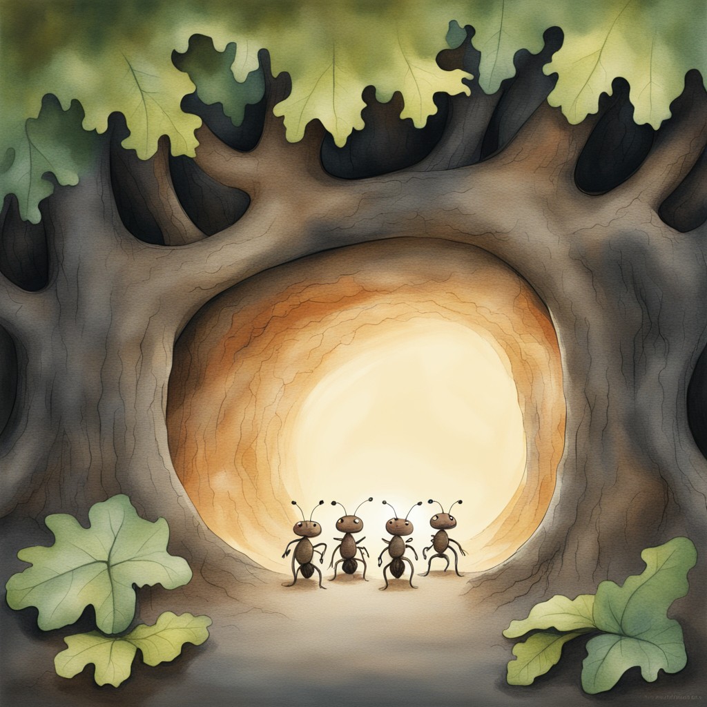 Three ants facing a large tree root blocking their tunnel