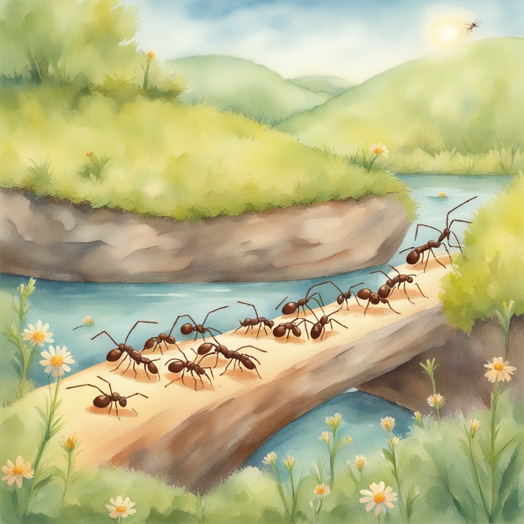 Ants building a bridge together across a river