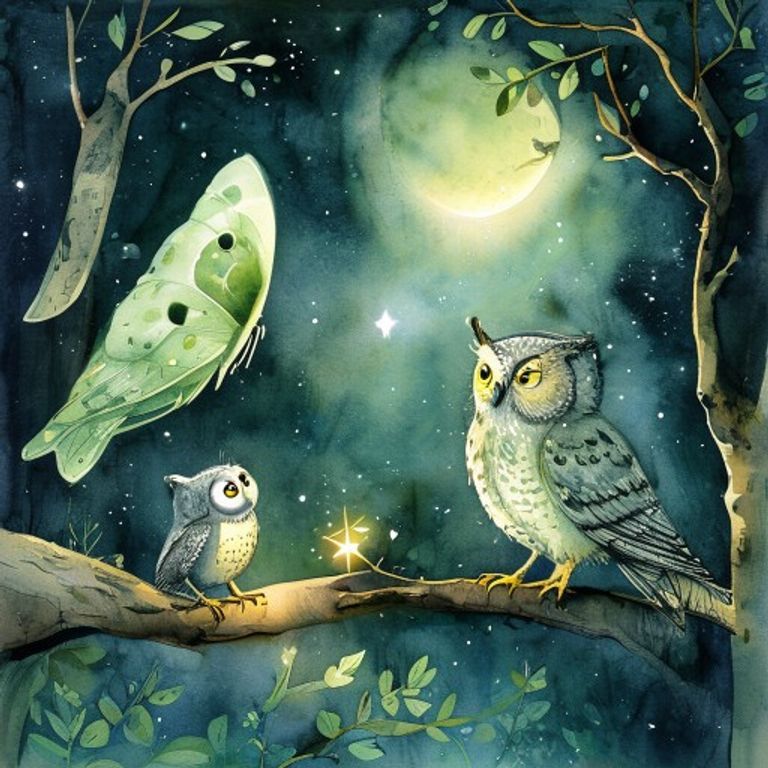 A beautiful luna moth talking to a great horned owl on a moonlit branch with a glowing star below