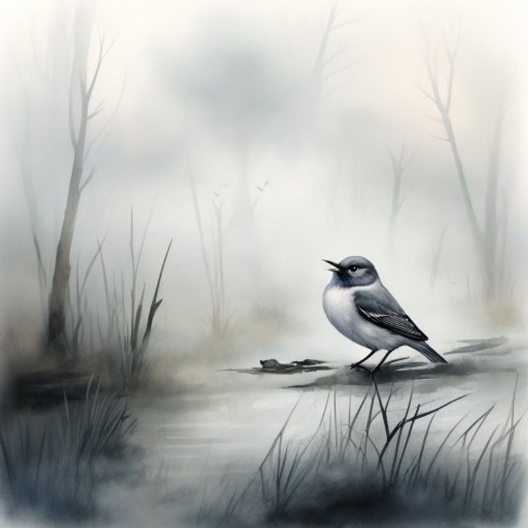 Small starling lost alone in thick gray fog, barely visible, cold and frightened, misty marshes below, moody atmospheric, children book illustration pastel style soft watercolor