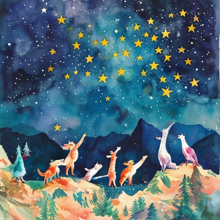 Five animals reaching together toward the stars on a mountain peak at golden sunrise