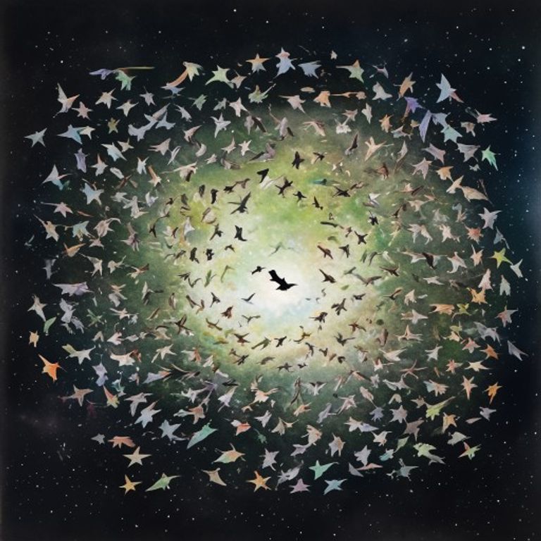 Thousands of starlings forming a giant open circle murmuration in the sky, silver black iridescent green, one small starling in the center surrounded by warmth, magical breathtaking, children book illustration pastel style soft watercolor