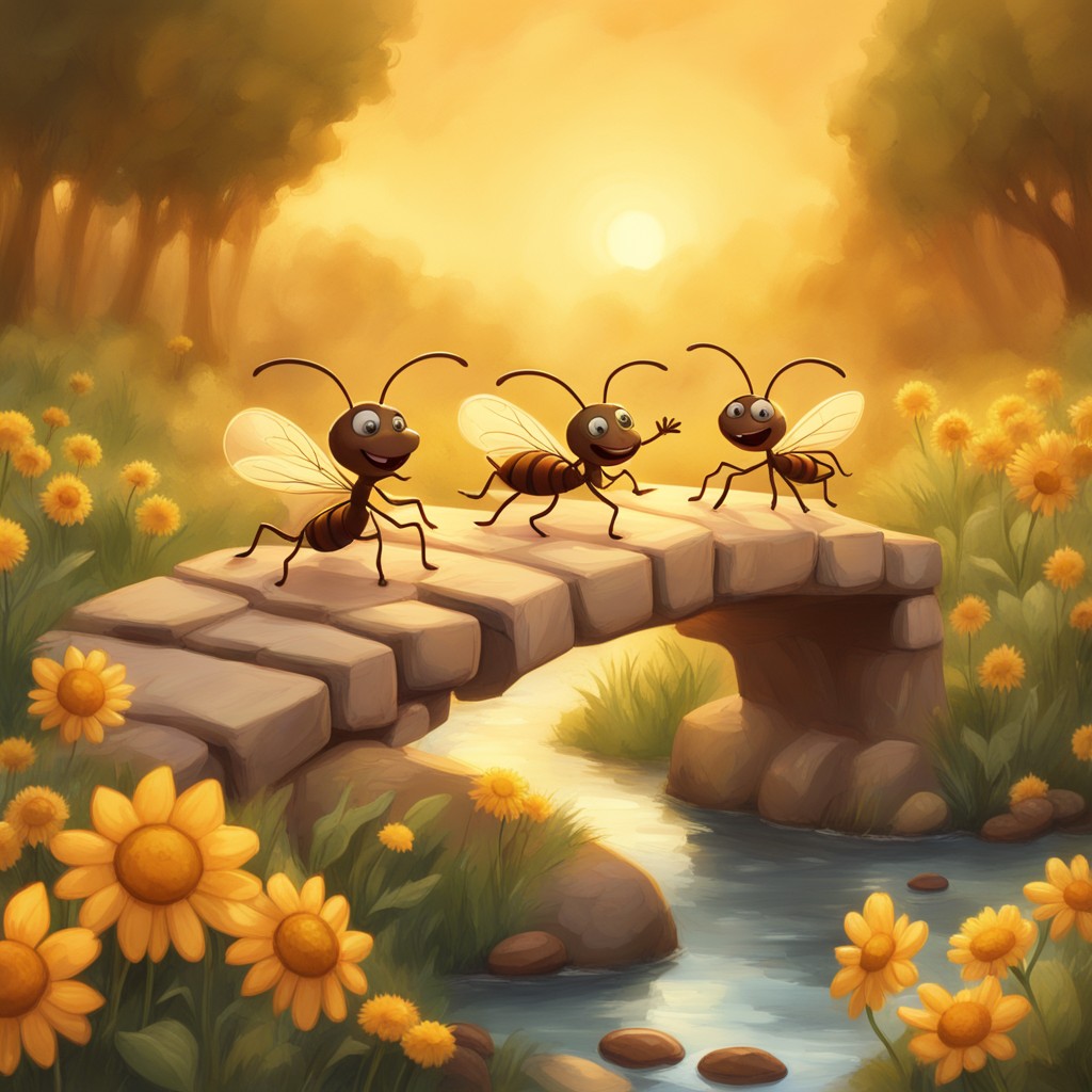 Happy ants celebrating their teamwork on the new bridge