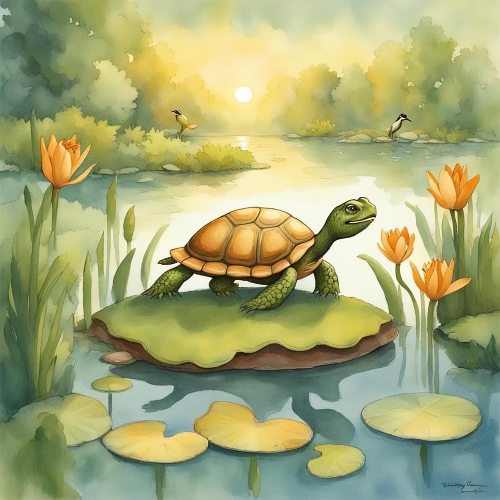 Turtle confidently speaking to gathered pond animals