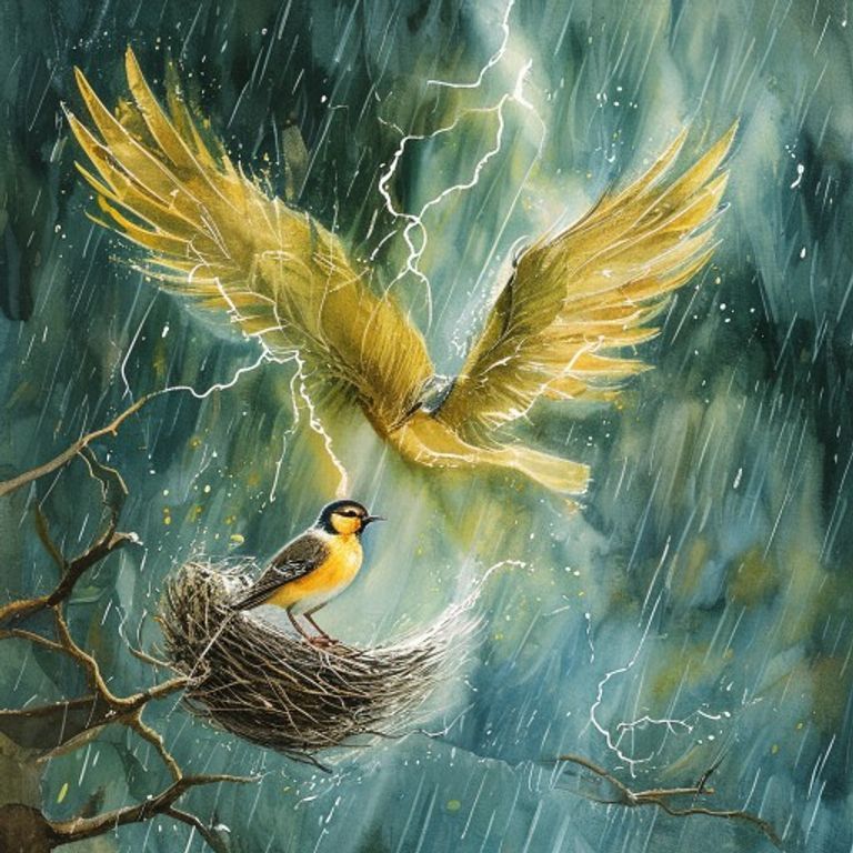 A small sparrow falling from a nest during a storm, but with wings spreading as magical swirling wind catches him, surrounded by protective golden air currents