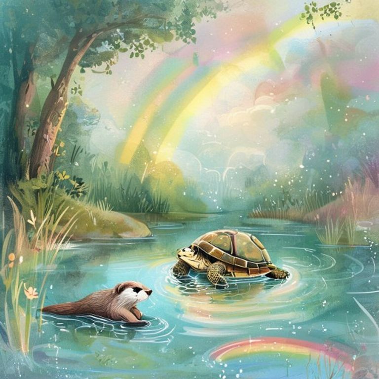 Young otter clinging to enormous moss-covered turtle in swollen river during rainstorm