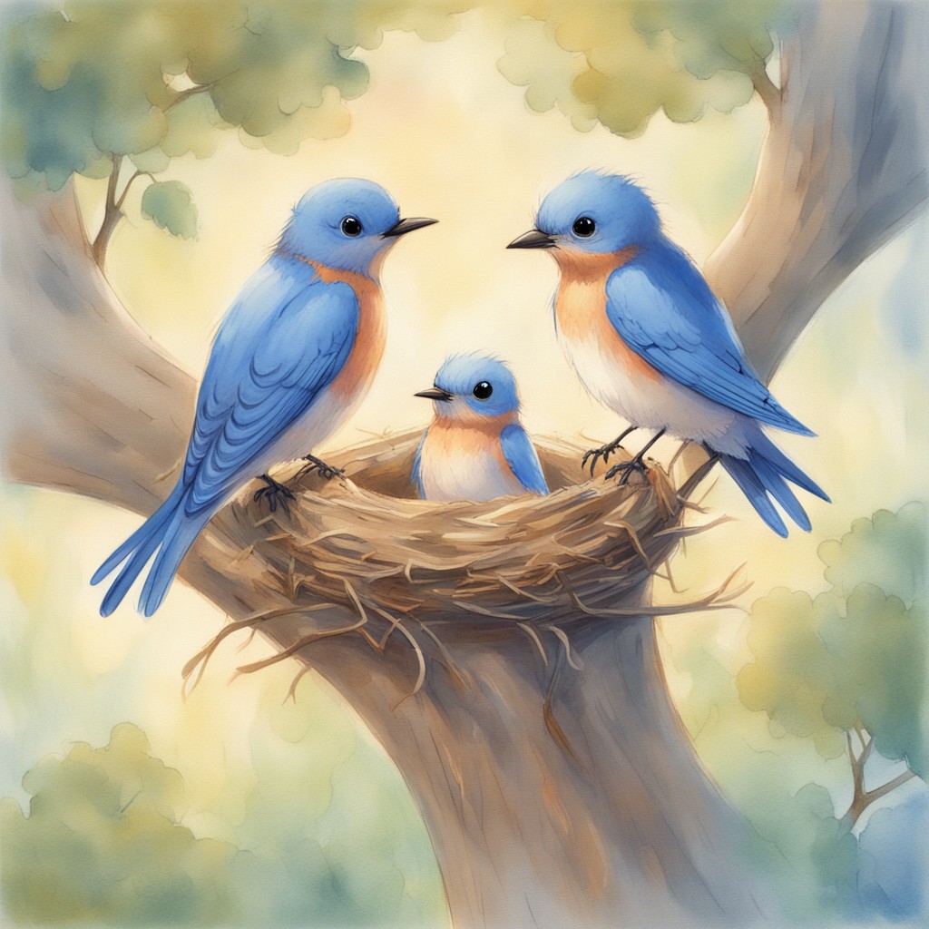 Sky trembles at the edge of the nest while Mama Bluebird watches with gentle encouragement