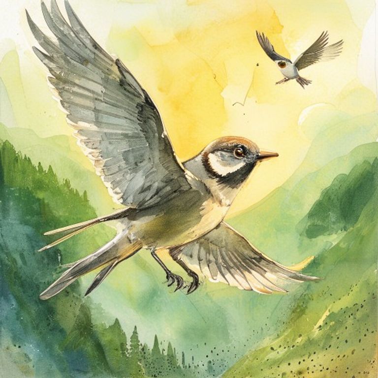 A brave adult sparrow with grey-tipped wings carrying a small young swallow on his back, soaring upward on golden wind currents above a green valley