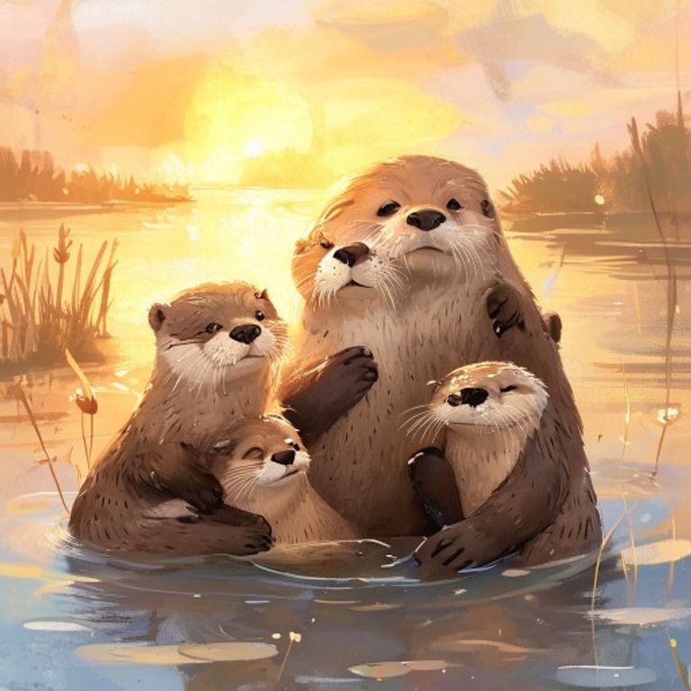 Young otter and turtle floating down calm river, rainbows in mist, peaceful journey