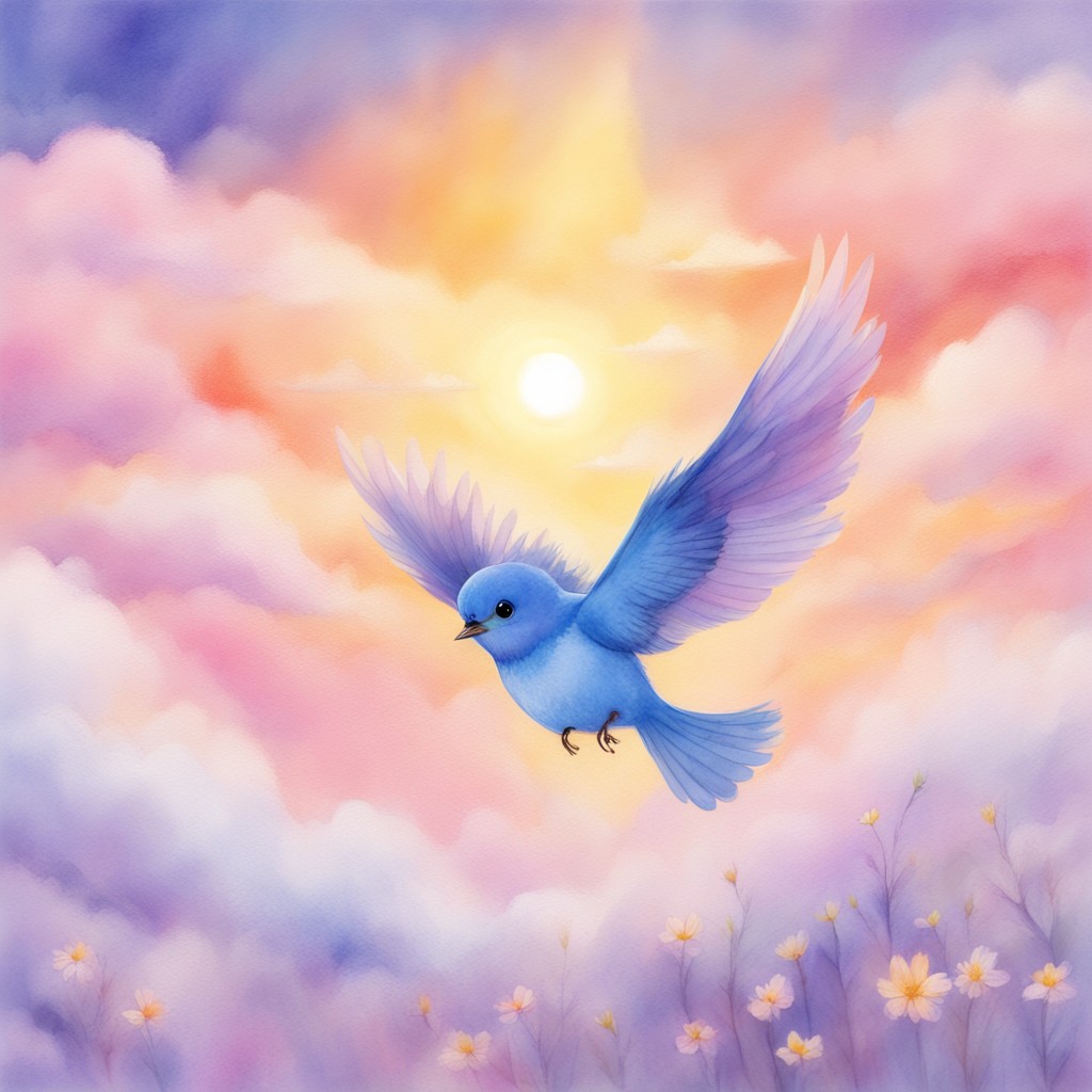 Sky the bluebird soaring through a colorful sky with her wings spread wide