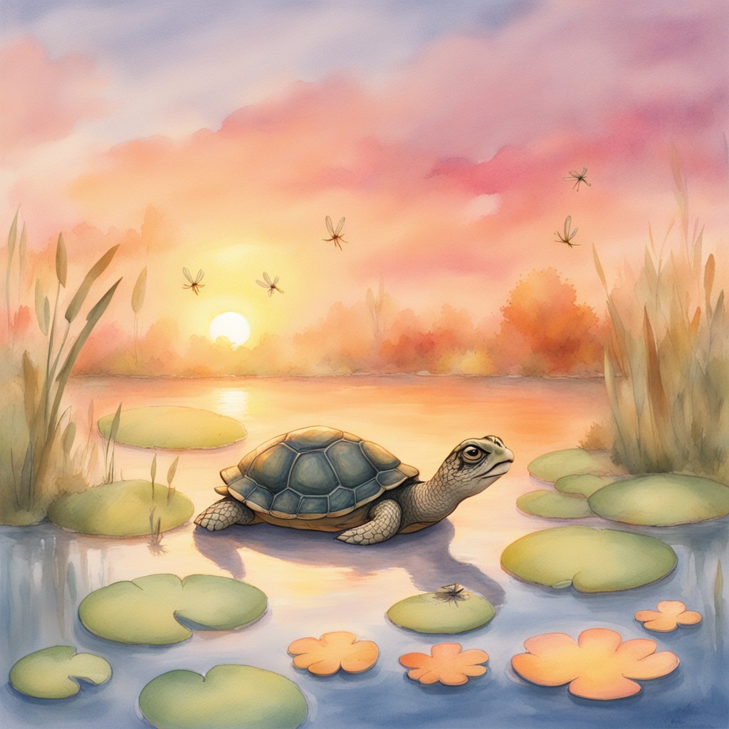 Tully surrounded by his pond friends, smiling and confident, with the sunset glowing behind them