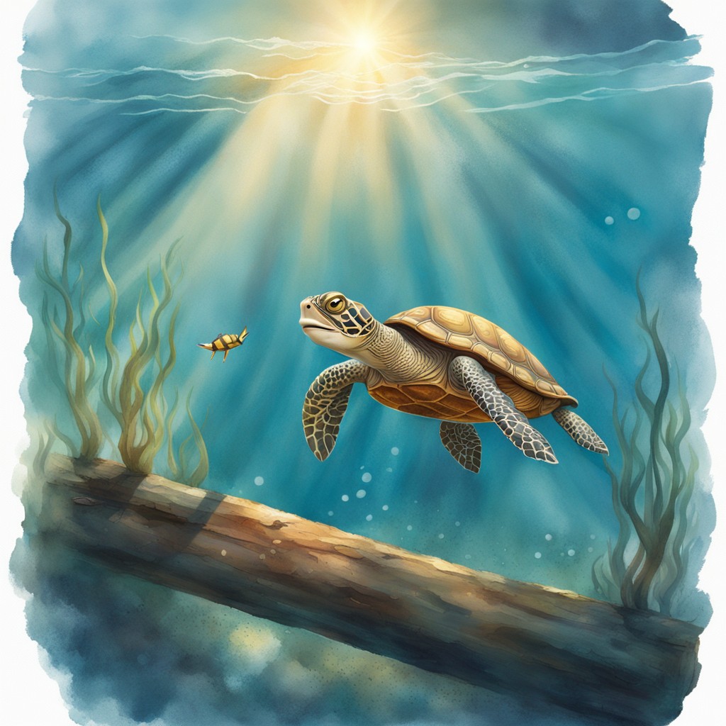 Tully swimming bravely toward the struggling duckling with determination in his eyes