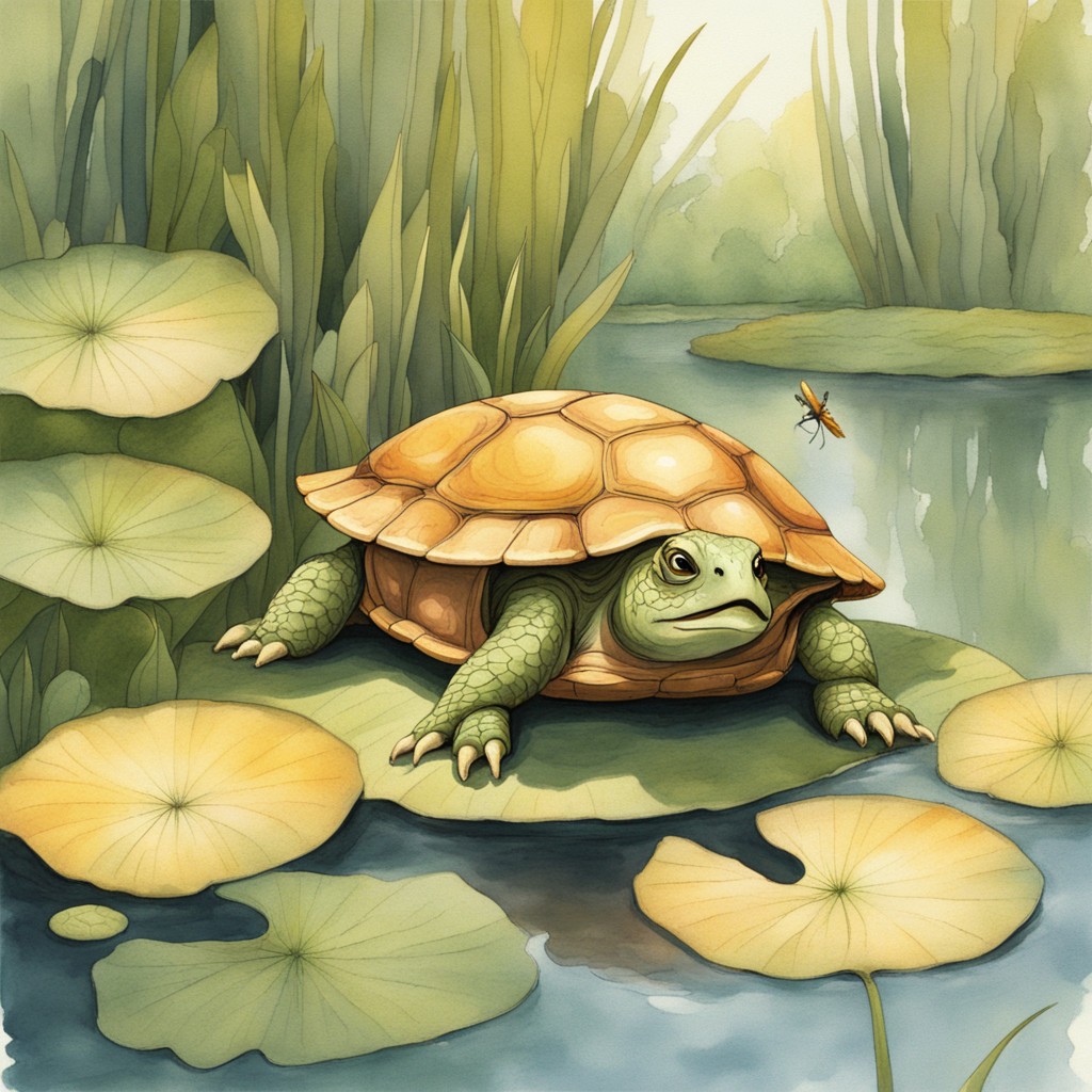 Tully the turtle hiding in his shell at the edge of a peaceful pond with lily pads and willow trees