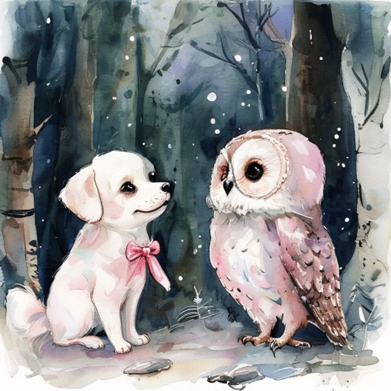 Mochi meeting a wise old owl in the moonlit forest