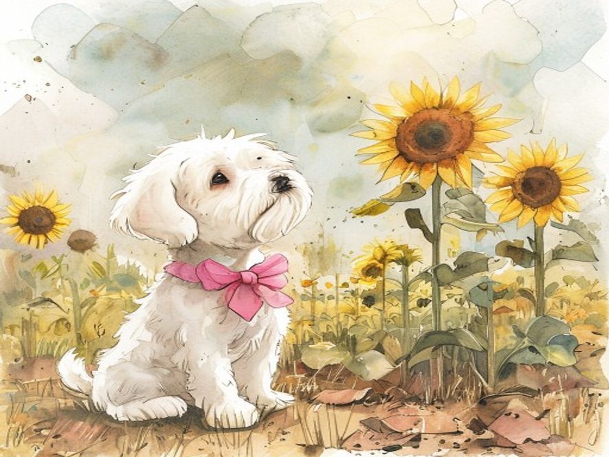 Mochi looking at her ruined sunflower garden after the storm