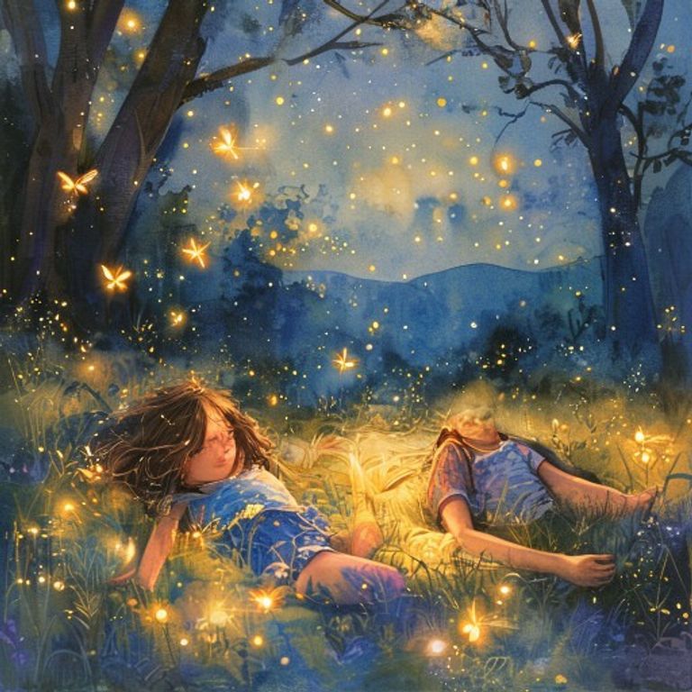 Eva and Mia watching fireflies glow in the meadow at dusk