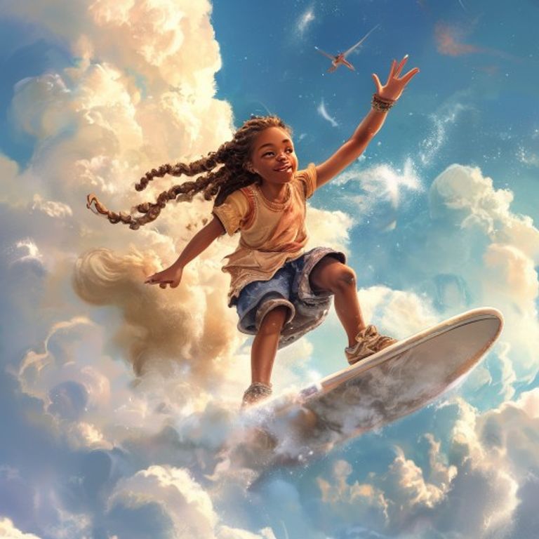 Mia soaring through the clouds on her cloud during the festival