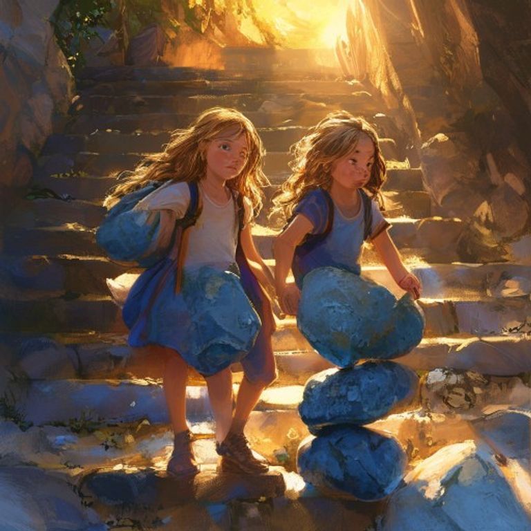 Eva and Mia working together to rebuild the staircase stone by stone